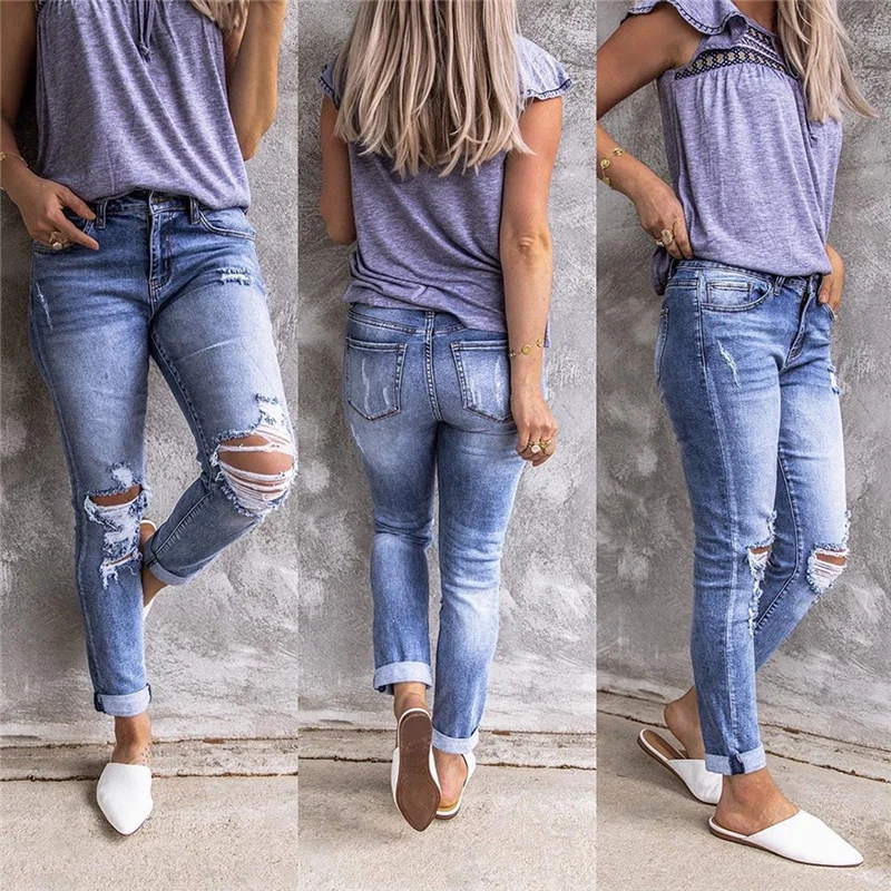 

Vintage Hole Elastic Jeans Women Worn Light Blue Straight Leg Pants Casual Mid Waist Ripped Slim Distressed Denim Trouser Female