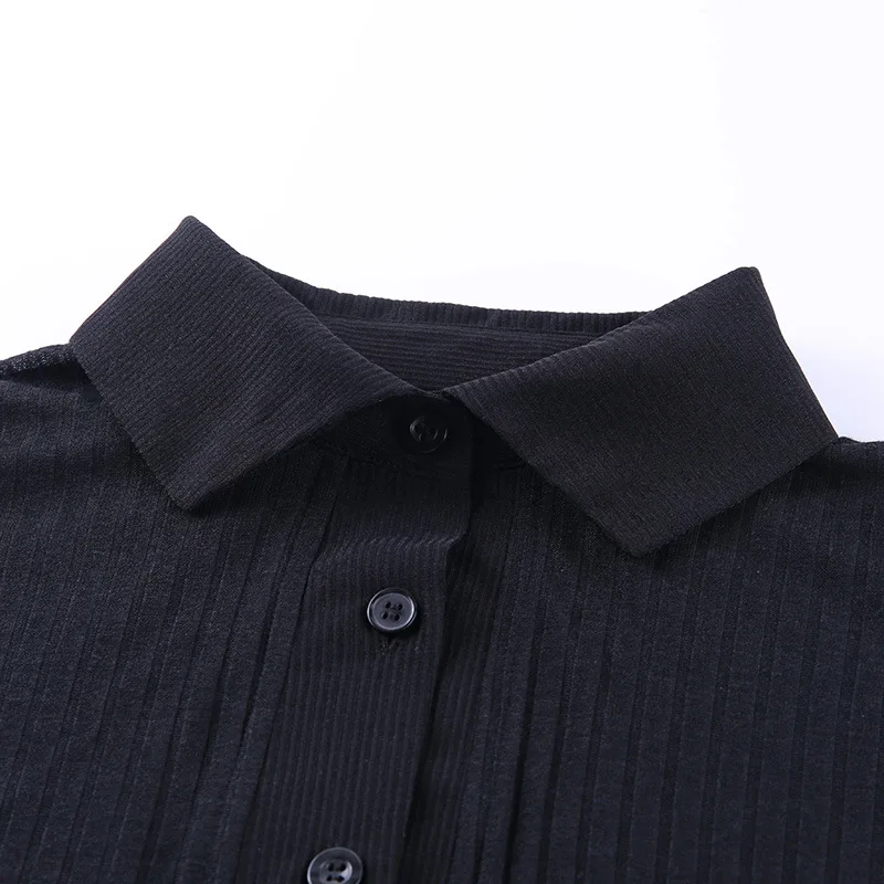 

Mesh Sheer Turn-Down Collar T-Shirt Women Summer Sexy Full Sleeve Button Solid Slim Skinny Transparent Elegant t shirts Black