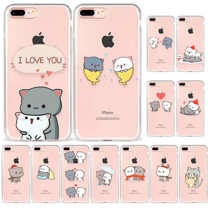Peach Mochi Cat мультфильм Ctue Прекрасный Любовь Пара телефон чехол для iPhone 7 6 6S 8 PLUS X XS XR