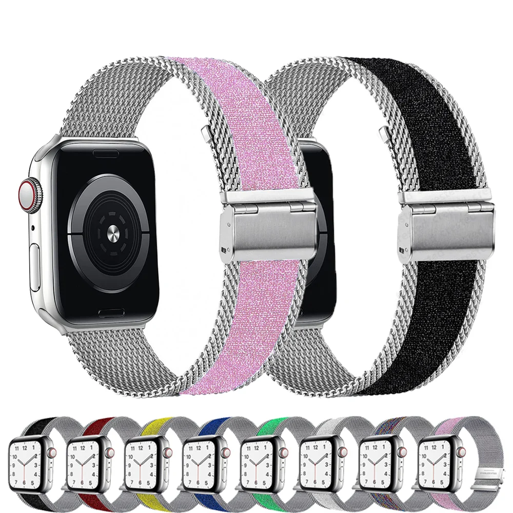 

Strap For Apple watch band 44mm 40mm 38mm 42mm Shiny Nylon+milanese wrist bracelet correa iwatch series 6 SE 5 4 3 accessories