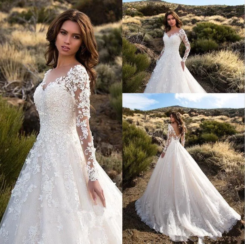 

Sexy V Neck Backless A Line Sheer Lace Appliques Long Sleeve Bridal gown Wedding Dresses 2020 Classic Wedding Gowns