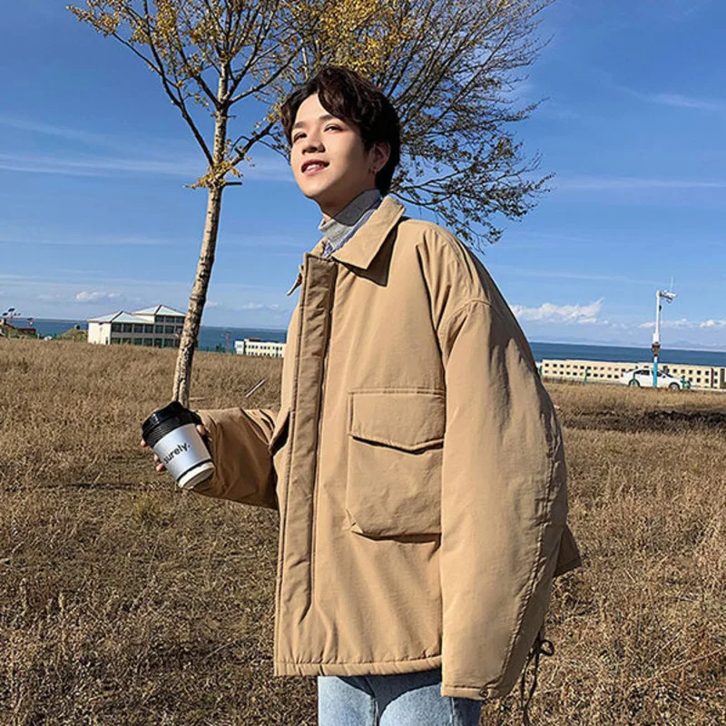 

IEFB / workwear Parkas for Men Turn-down Collar Big Pockets All-match Loose Harajuku Winter warm padded jackets big size coat