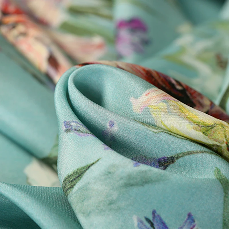 

20 Autumn New Heavy 30MM Blue Lily Floral Printed Silk Fabric