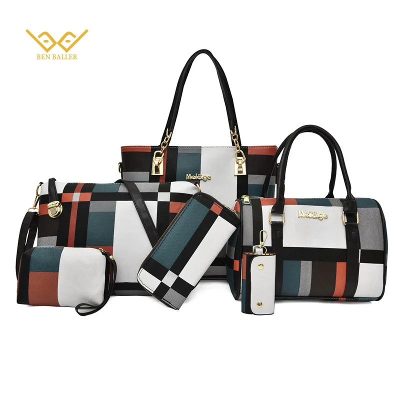 

BEN BALLER Women's Top-Handbags Korean Version Large-capacity Plaid Six-piece Composite Bag Simple PU Shoulder Messenger Bag