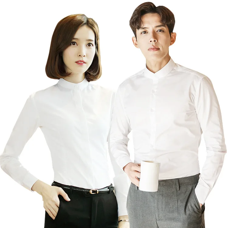 

2020 new stand collar ironless Long Sleeve Shirt Men's and women's wrinkle resistant professional dress office white collar