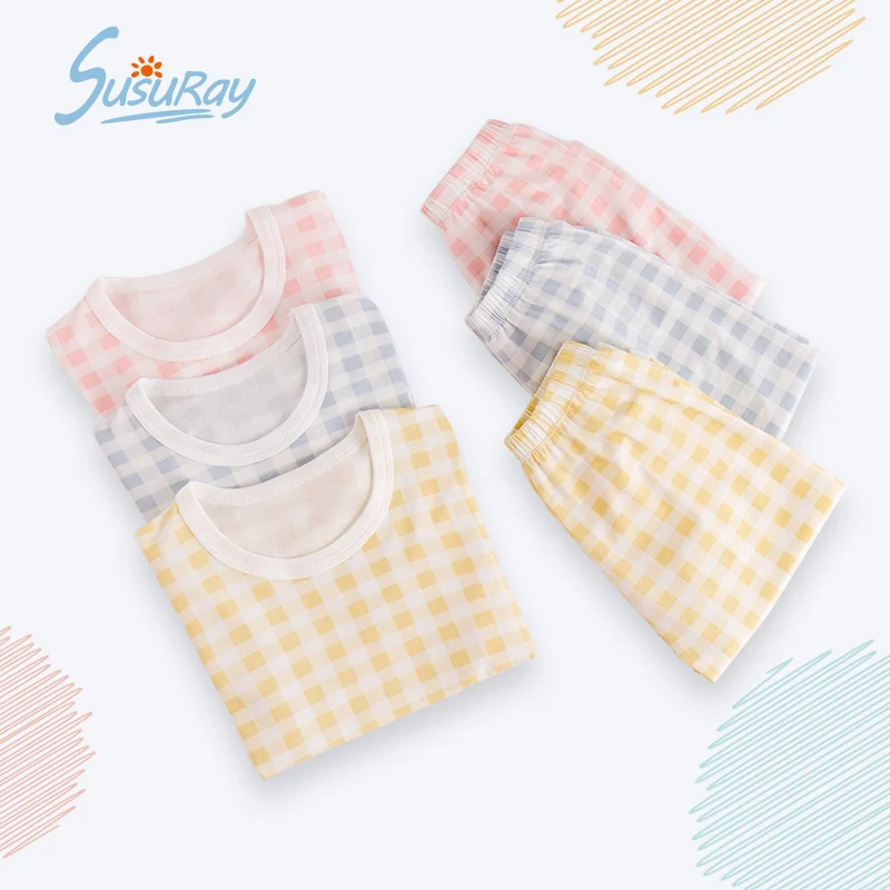 

Susuray Children Pajamas Baby Clothing Kids Plaid Shirt Home Sleep Wear Summer Cotton Nightwear Boys Girls Pyjamas Pijamas Set