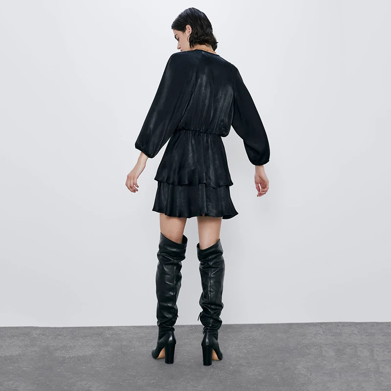 2019 ZA осеннее новое черное платье женское модное с рукавом в девять точек и v