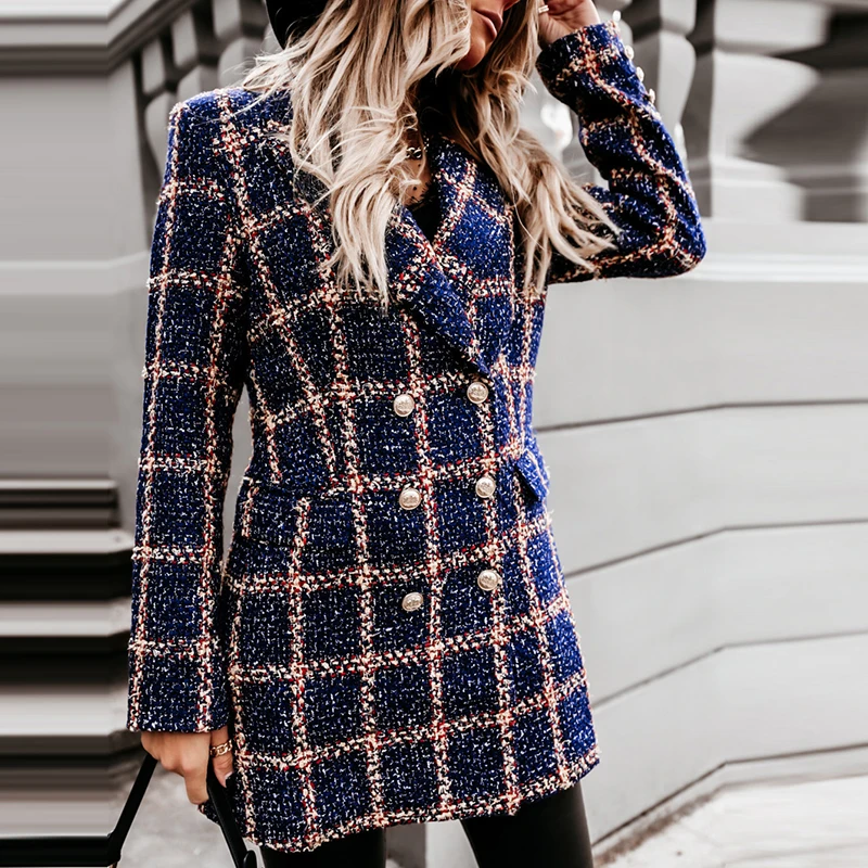 Женская клетчатая куртка на пуговицах двубортный офисный кардиган с отложным