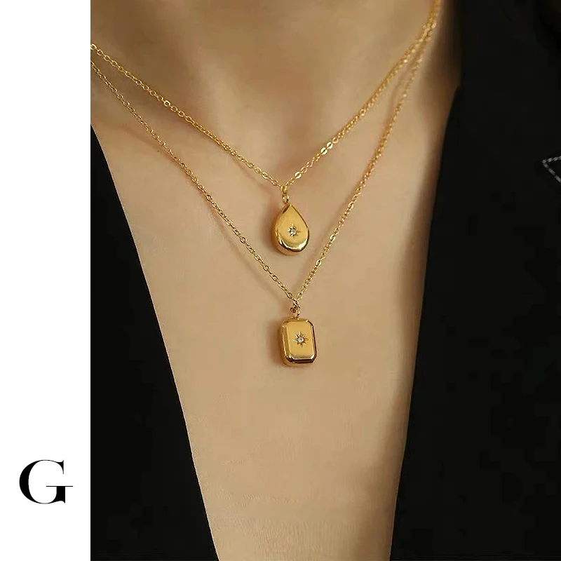 

GHIDBK 2020 Fashion Stainless Steel Jewelry Dainty Lovely Waterdrop Rhinestone Pendant Necklaces Minimalist Square Charm Chokers