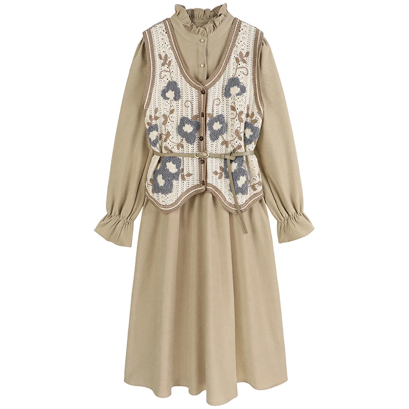 

Женский костюм-двойка SuperAen, новый французский вязаный жилет с расклешенными рукавами и воротником-стойкой, повседневное длинное корейское ...