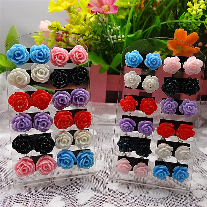 

12 Pair Earring Pack Jewelry Mixed Lots Resin Rose Flower Stud Earrings Fluorescent Colors Of Roses Earrings For Women Gift