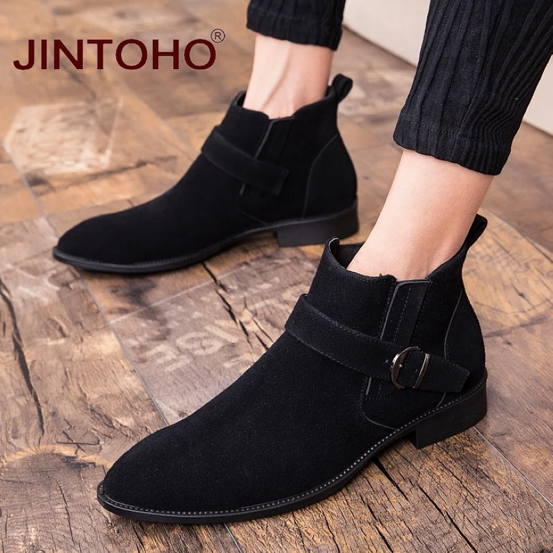 JINTOHO/мужские ботильоны из коровьей замши; модная мужская Рабочая обувь с острым носком; зимние мужские ботинки; повседневные мужские ботинки; недорогие мужские ботинки
