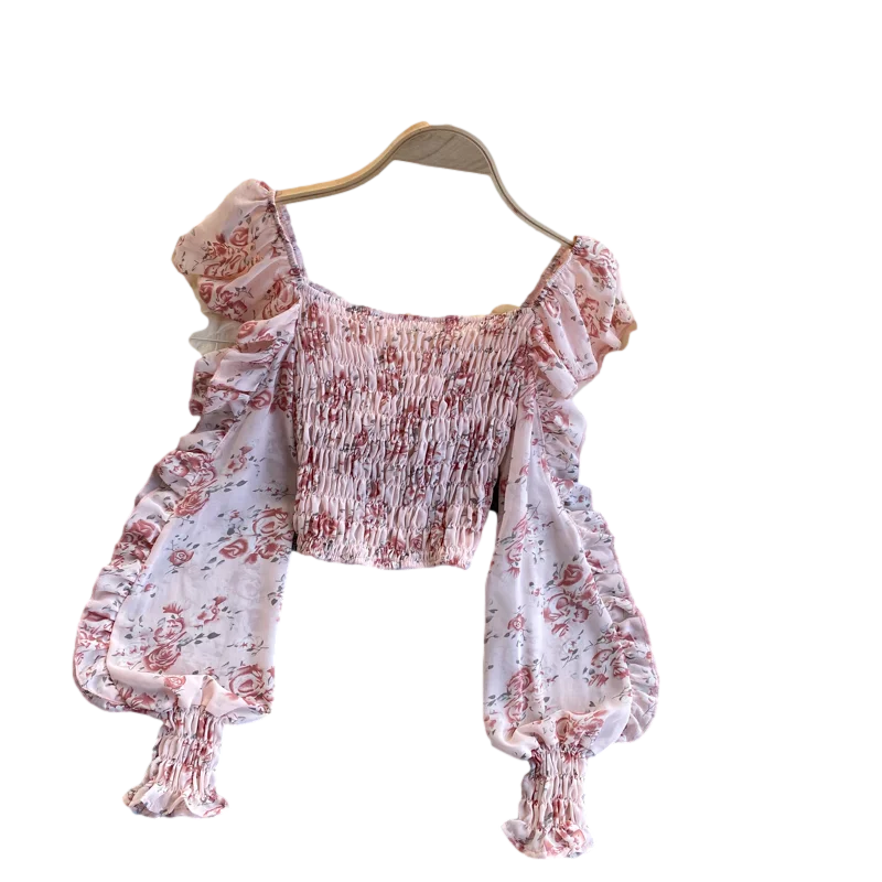 

2021 New Floral Chiffon Blouse Women Slim Versatile Square Neck Stretch Short Blouse Slim Fit Lantern Sleeve Shirt