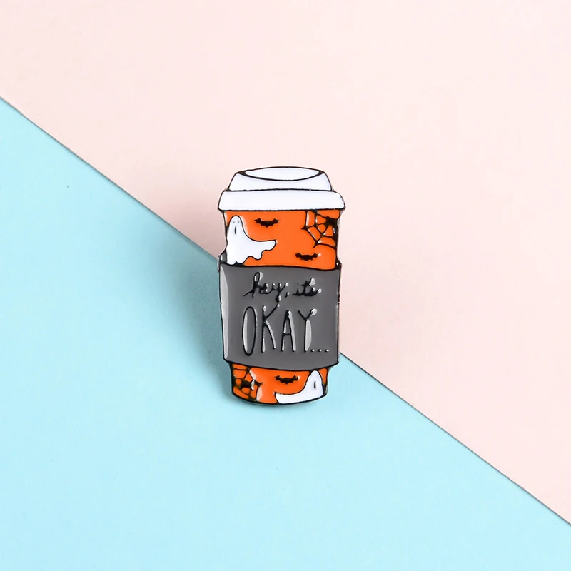 

QIHE JEWELRY Coffee Cup pins Ghost Bat Spider Web Enamel pins Halloween Brooches Badges Denim Clothes Bag pins Gift for Friends
