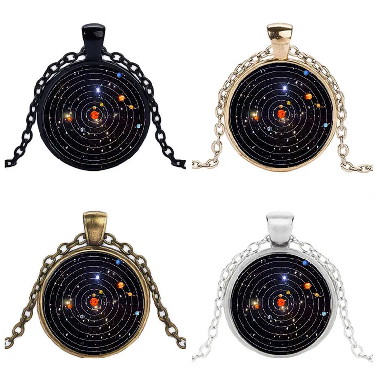 

Universe Nebula Galaxy Planet Cabochon Glass Pendant Necklace Solar System Jewelry Men's and Women's Sweater Chain Wholesale