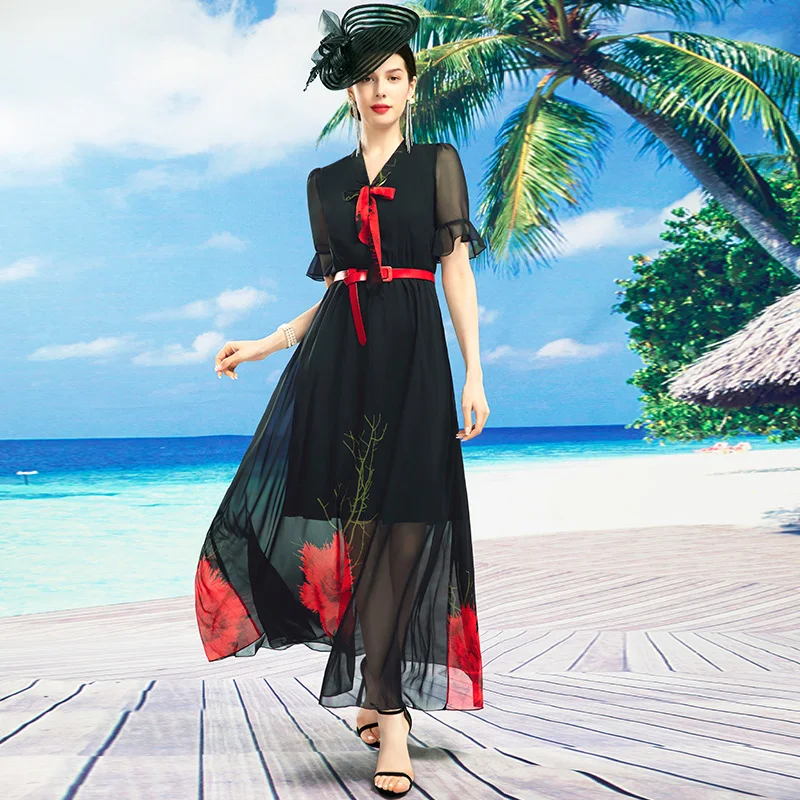 

Женское длинное платье из вуали, элегантное офисное платье с принтом, с коротким рукавом и бантом, лето 2021, SS9124