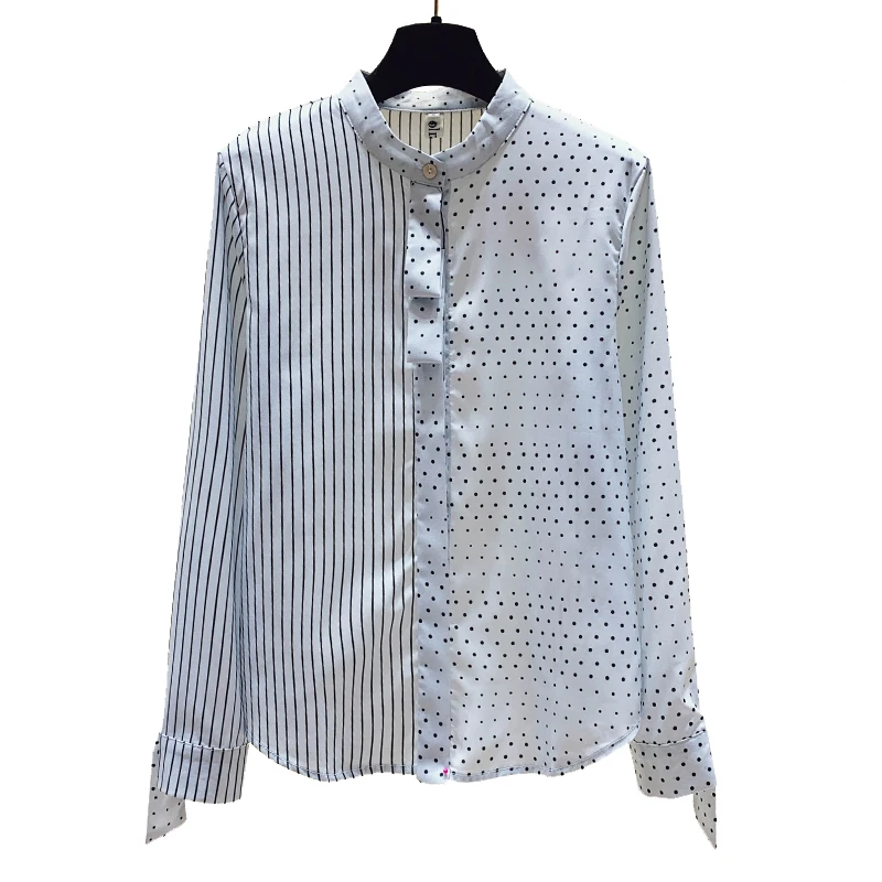 

Autumn 2020 New Shirt Striped Polka Dot Striped Patchwork Stitching Top Stand Collar Shirt Female Niche Chiffon Blouse GX1432