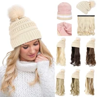 shangzi hat wig synthetic long wavy wigs white plus velvet beret hat knitted fashion black autumn winter cap hair wig extensions
