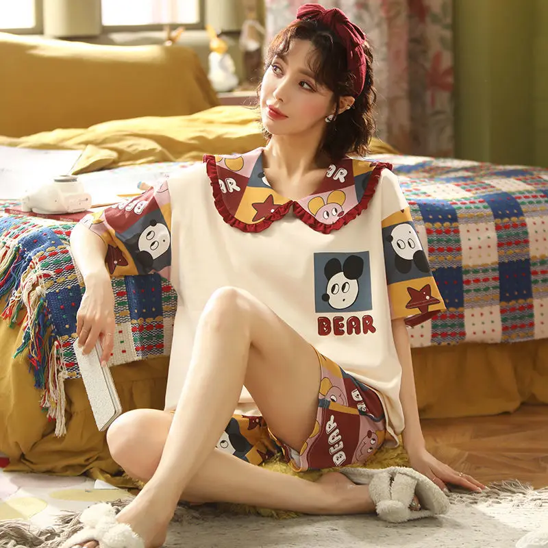 Pajamas Women's Pure Cotton New Spring and Summer Short-sleeved Cute and Sweet Home Service Two-piece Suit for Summer Outer Wear