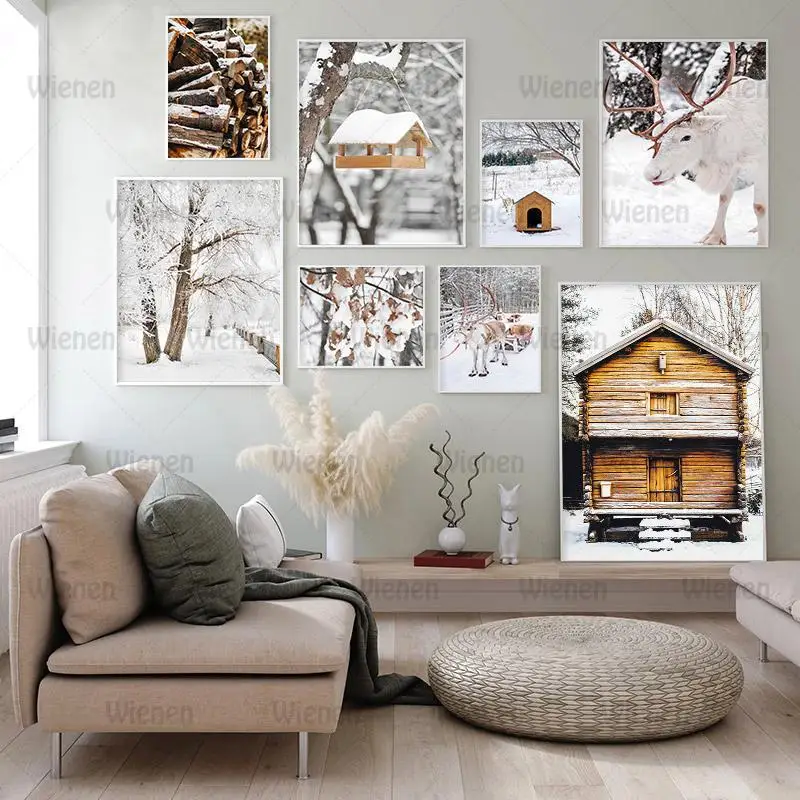 

Winter Snow Landscape Canvas Painting Nordic Wood Pile Posters and Prints Reindeer White Birch Wall Art Pictures for Living Room