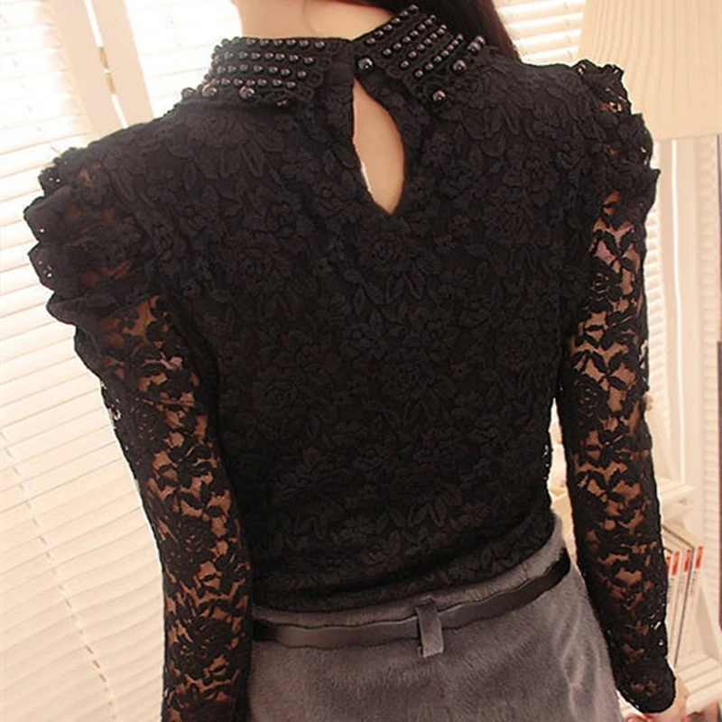 

Women's Fashion Slim Pearl Collar Lace Crochet Blouse Shirts Long Sleeve Sexy Tops