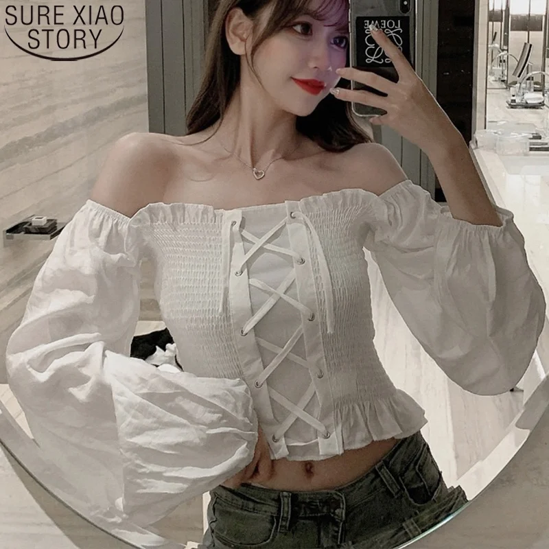 

Женская короткая блузка с открытыми плечами, Повседневная рубашка с длинным рукавом и воротником-лодочкой в Корейском стиле, модель 2020 на о...