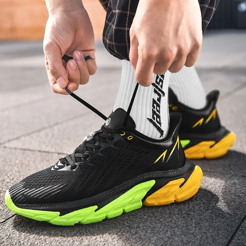 

2021 Men's Sneakers Lace-up Breathable Air Mesh Knitting Running Shoes Non-slip Hard-Wearing Damping Jogging Large Size39-46