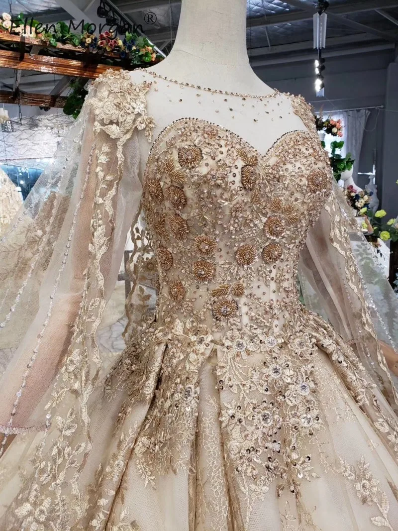 Золотые кружевные свадебные платья из Саудовской Аравии с длинными рукавами