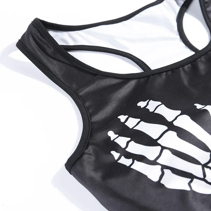 Halloween Two Piece Set Womens Gothic Clothes Outfits Sleeveless Cropped Tops+ High Waist Shorts Crossbones Printed Clothes Set