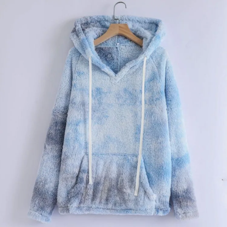 

Women sweatshirt Casual Long-sleeved Sweater Personality Plush Tie-dye Round Neck Loose Hooded shirt tops pocket decoration