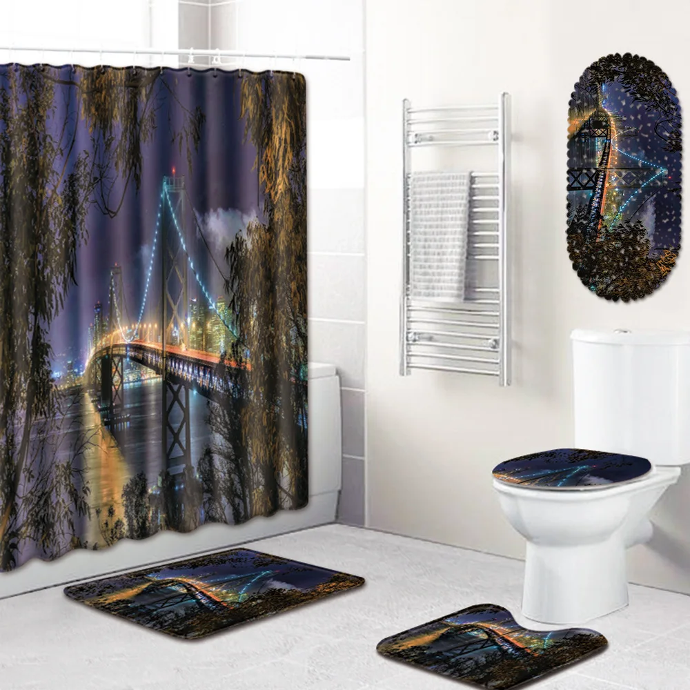 

Beautiful Bathroom Waterproof Shower Curtain Floor Mat Toilet Cover Foot Mat Bathtub Mat Five-Piece Set bamboo bath mat