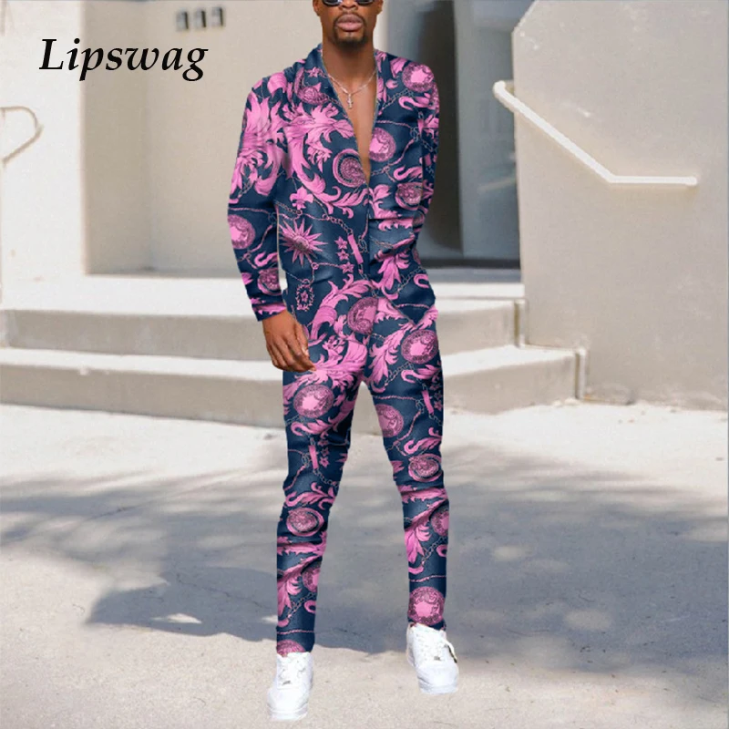 

Vintage Chain Printing Summer Men's Two Piece Sets Casual Short Sleeve Shirts And Long Pants Outfits Men 2021 Fashion Streetwear