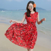 women summer floral beach flare dresses red green round neck cap sleeve lace up waist chiffon one piece holiday romantic robe