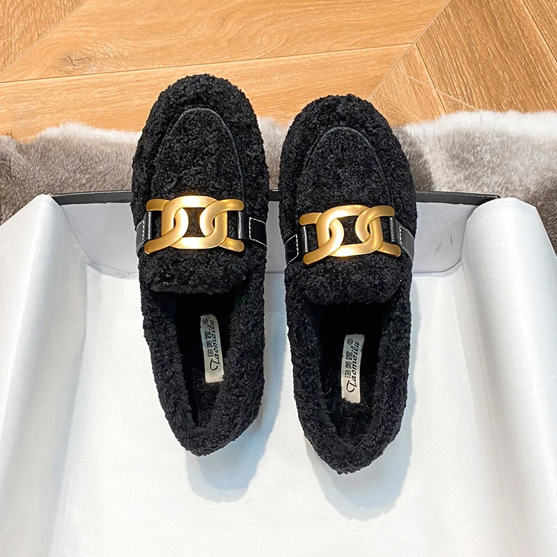 Metal Chic Chain Woolen Fur Moccasins Shoes Women Fleeces Loafers Winter Add Cashmere New Woman Plush Flats Plus Size 41-43