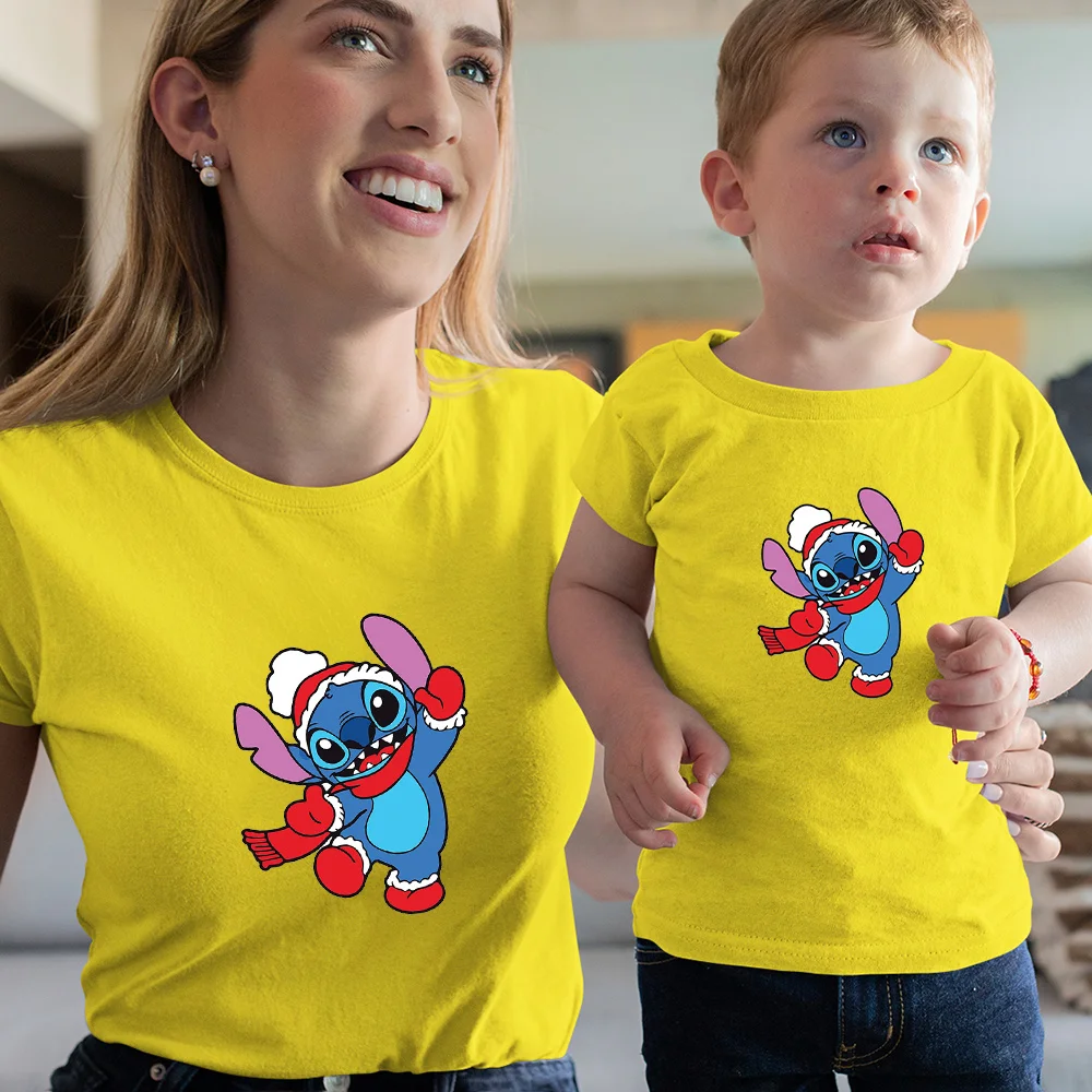 

Christmas Happy Stitch Print T-shirts New Year Costume Baby Boy Tee Fashion Woman Girl Short-Sleeved Family Matching Clothes