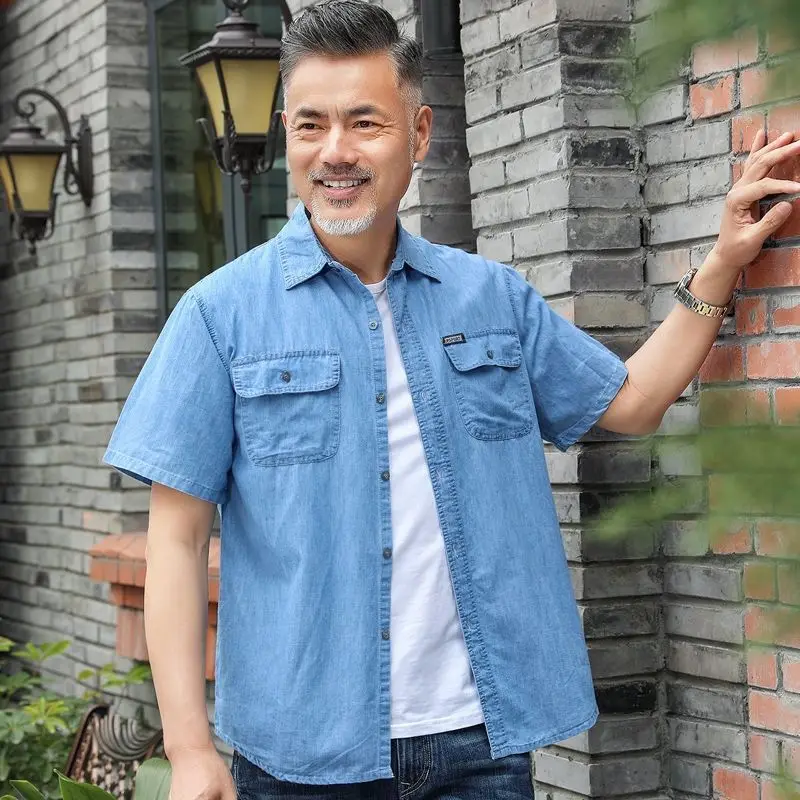 Middle Aged Denim Shirt Summer Short jean Sleeve Cotton Thin Dad Loose Jacket Рубашка Блузки Men Clothing Genuine Hot Рубашки |