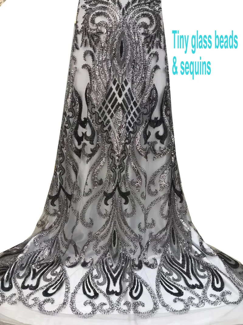 

(5yards/pc) high grade grey French net lace shining African beads and sequins lace fabric for gorgeous party dress FGY829