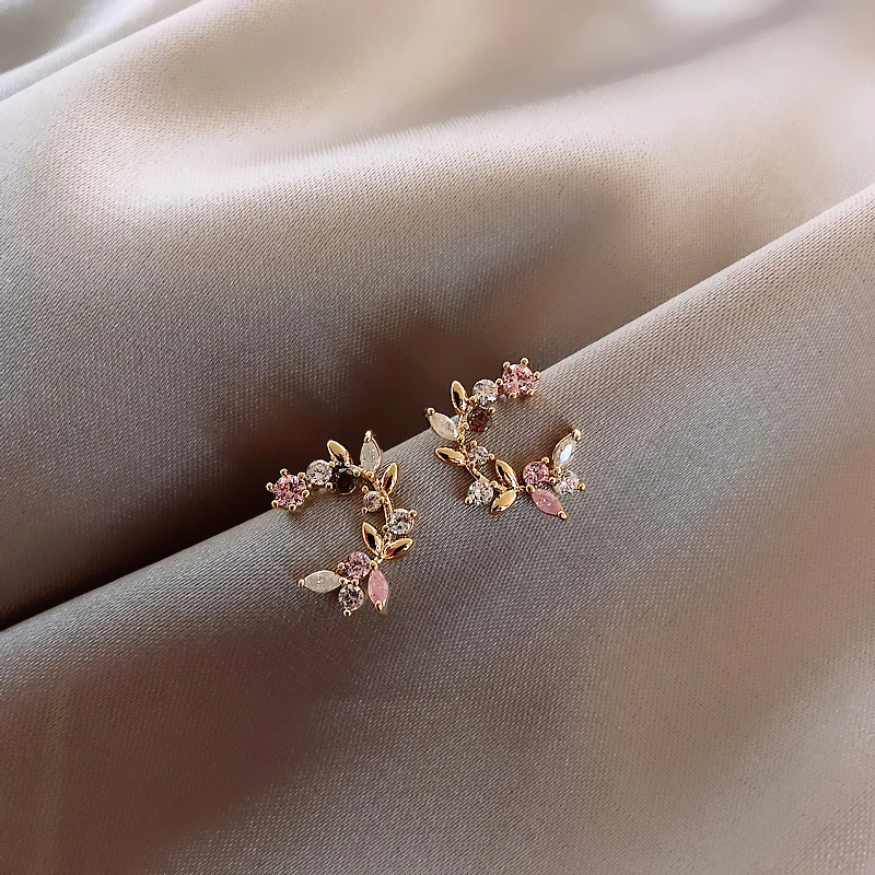 

Korean New Design Fashion Jewelry Exquisite Copper Inlay Color Zircon Flower Leaf Garland Women Earrings