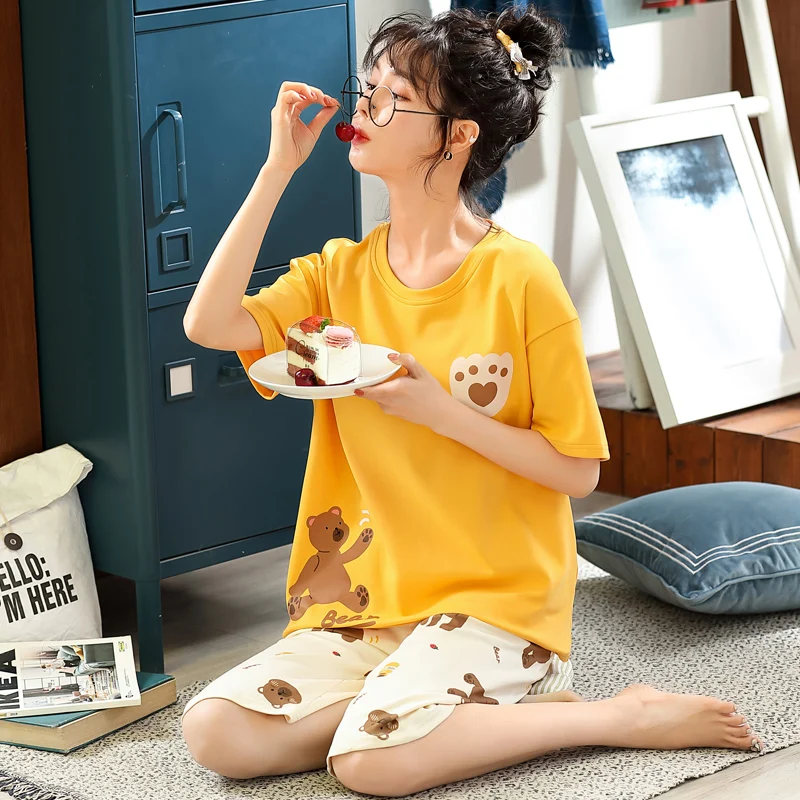 

Летние желтые женские пижамные комплекты большого размера, хлопковая Домашняя одежда с коротким рукавом, Корейская Милая женская пижама с ...