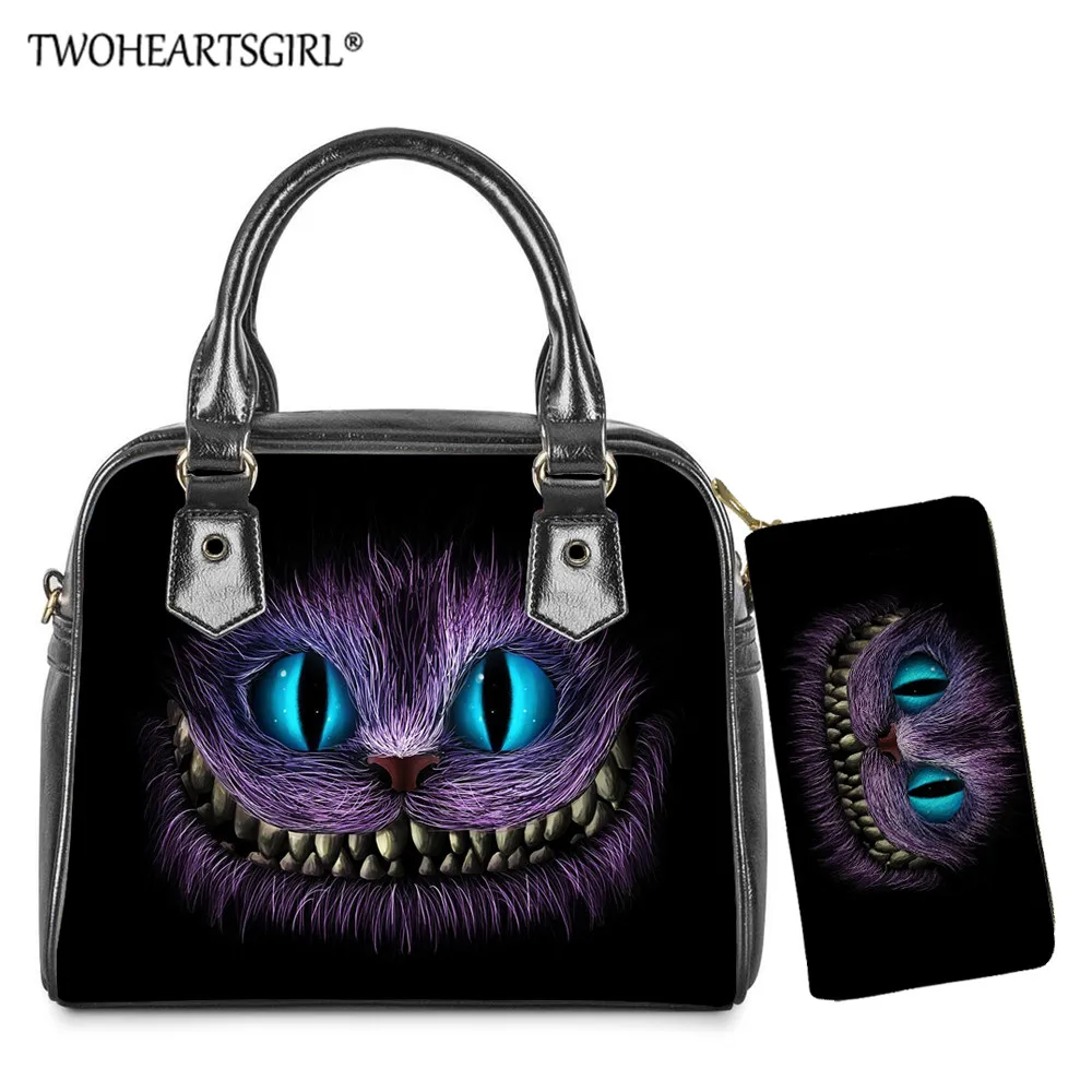 Bolsa de Ombro de Couro com Carteira Twoheartsgirl Smiley Cheshire Gato Impressão Feminina Senhoras Casual Topo-alça Bolsa Crossbody