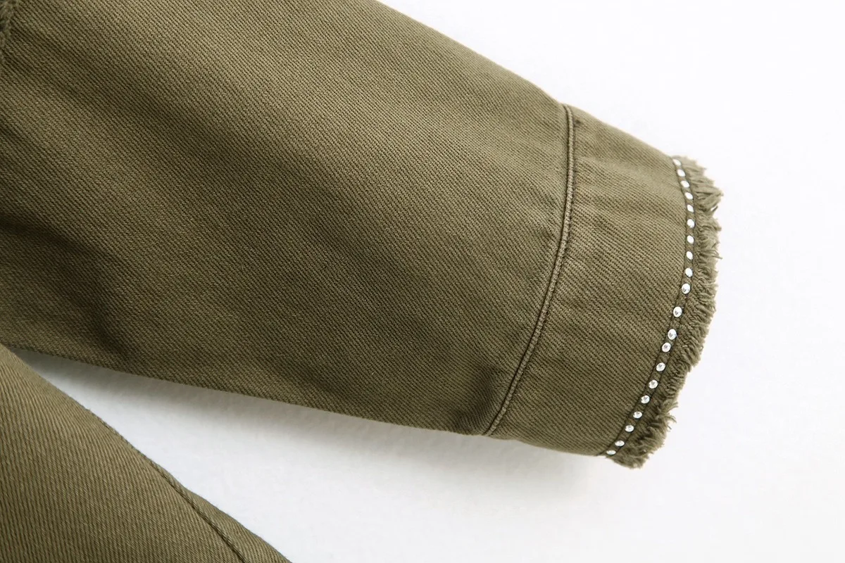 2019 Осенняя джинсовая куртка с кисточками Свободное пальто армейского зеленого