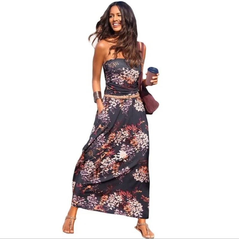 

Женское летнее платье до щиколотки Donsignet, платье без рукавов с принтом, без бретелек, с оборкой на груди и вырезом лодочкой, новинка 2021