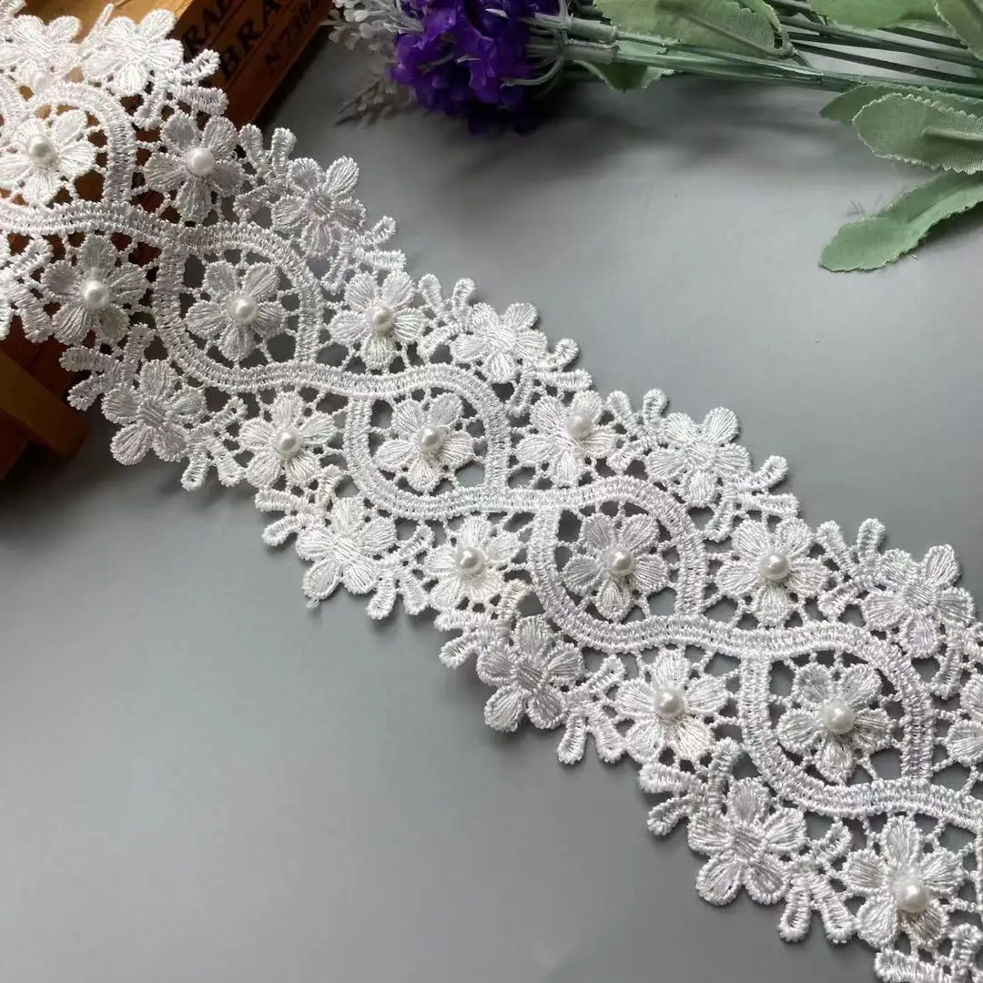 2 ярда белый жемчуг цветок кружевная отделка лента женская ручная работа сделай