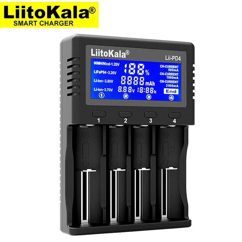 

Liitokala Lii-PD4 18650 Charger, Charging 18650 1.2V 3.7V 3.2V 3.85V AA / AAA 26650 16340 25500 NiMH Lithium Battery Charger