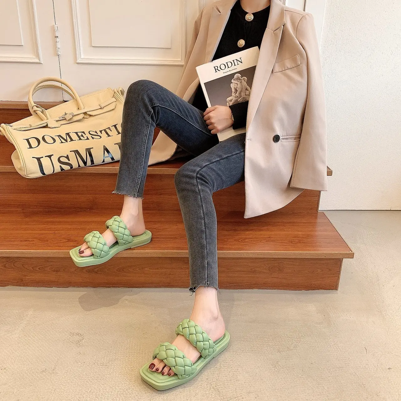 

RALSWNAY Summer Woven Slippers Women 2021 Square Toe Comfortable Soft Platform Sandals Woman Fashion Solid Color Beach Slides Sh
