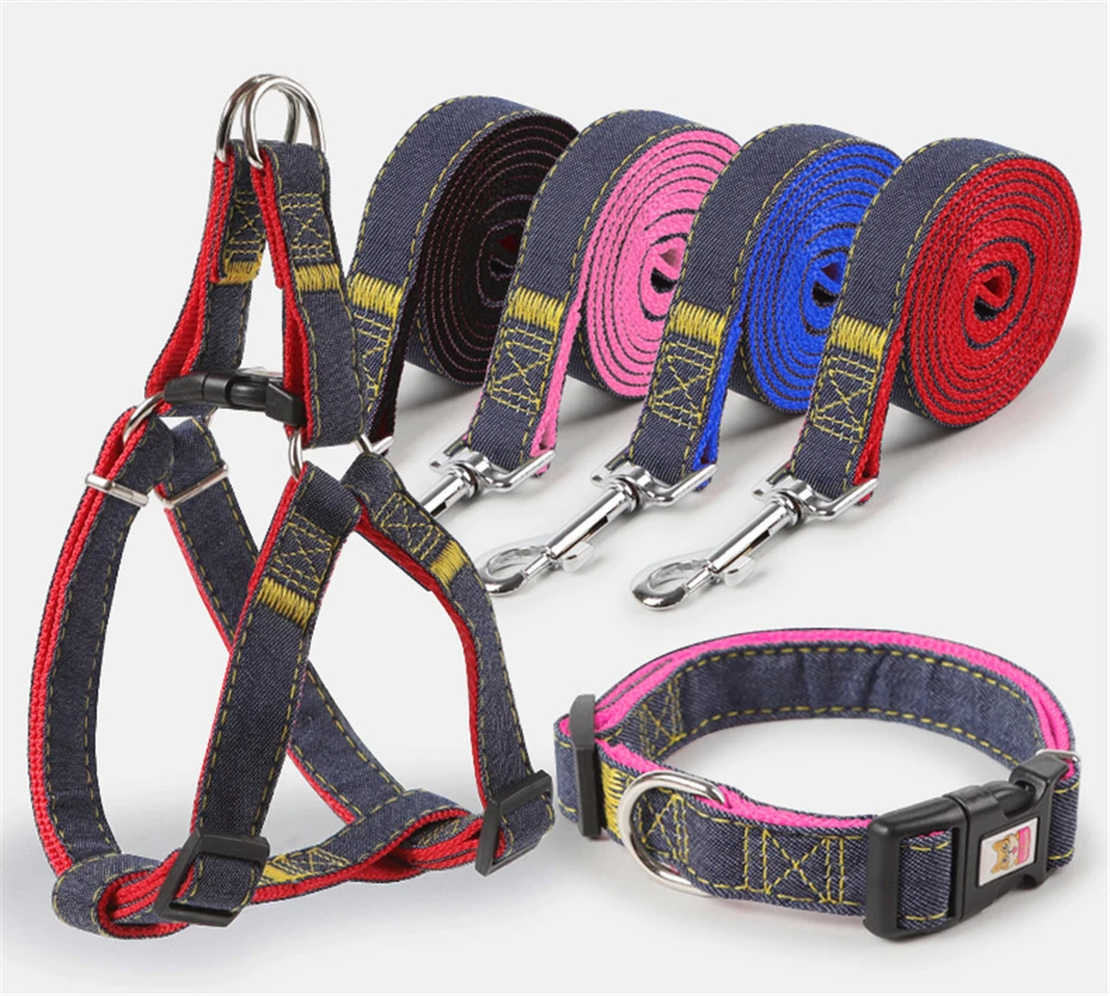 Новое поступление Красочная джинсовая ткань деним собаки жгут поводок ошейник