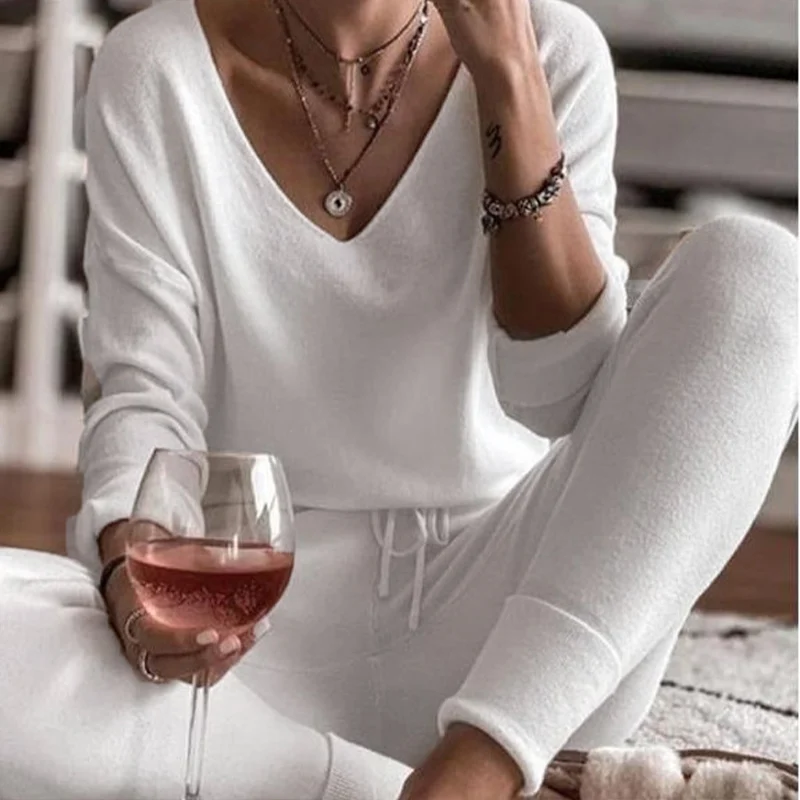 

Женский однотонный пижамный комплект с V-образным вырезом, Топ с длинным рукавом и звездным принтом + длинные штаны на шнуровке, домашняя оде...