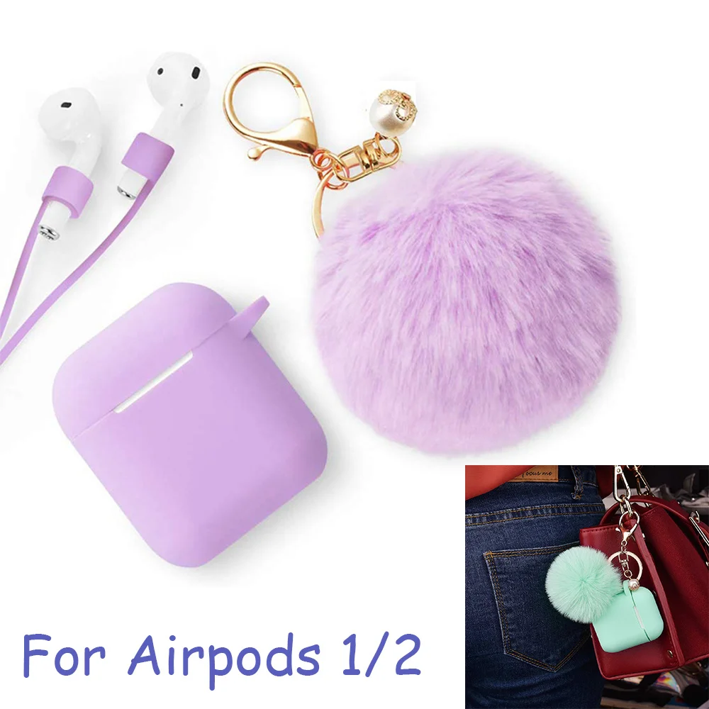

Protective Case multi colors with lost-proof and Keychain hooks lovely hair ball Silicone Bluetooth Earphone For airpods 1 2