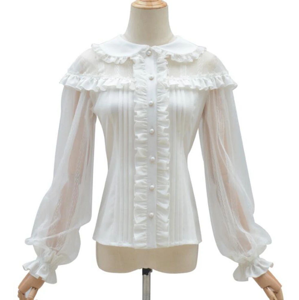

Vintage Women's Lolita Shirt Sweet Chiffon Ruffle Blouse Long Sleeve Blusas Black/White