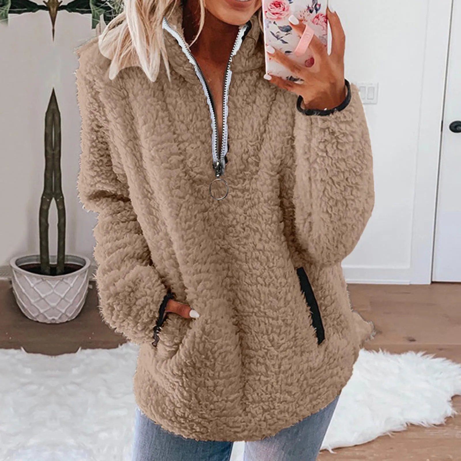 

Женская толстовка, зимняя Милая пуловер на молнии с карманами, свитшот, теплое пальто из искусственной шерсти, верхняя одежда